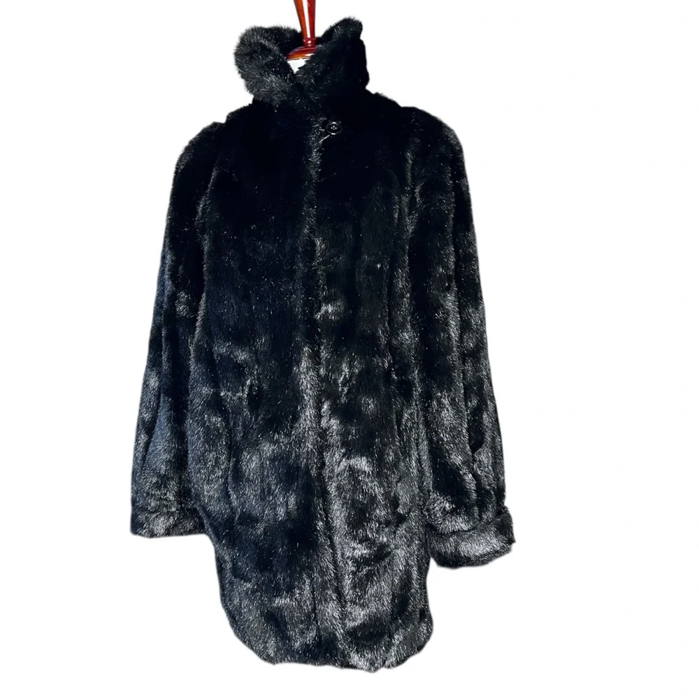 DENNIS BASSO VINTAGE 90s Black Faux Fur Plush Mid-Length Coat Jacket SZ:L - Picture 4 of 12
